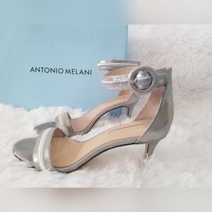 ANTONIO MELANI Metallic Silver Ankle-Strap Kitten Heels